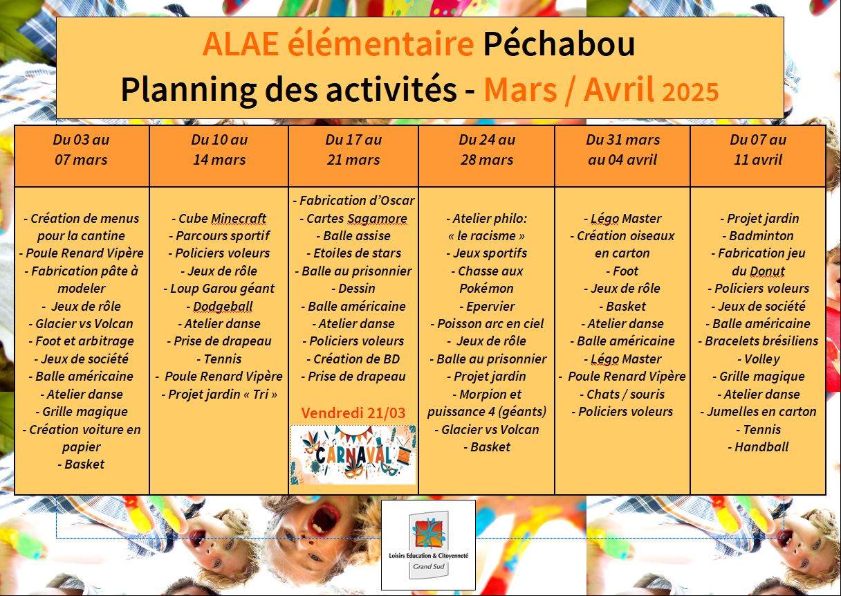 Planning Activités Mars - Avril 2025